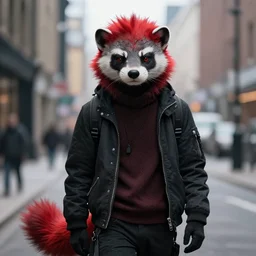 red fursona, stoat | urbanscene photorealism | coalpunk masculine fursona black