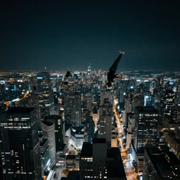 people falling from the sky in a night city