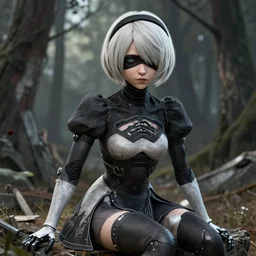 hyper - realistic detailed render of a android - girl!!! sitting on the edge of a ruin in a forest in the style of nier automata by yoko taro, detailed face, close up, medium shot, very high details, 3 d render, maya