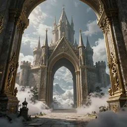 a magical portal to a cloudy place inside a giant medieval fortress in the mountains, ultra wide shot, in the style of greg rutkowski and hans zatzka, digital art, sharp focus, highly realistic, exquisite ornate metal gothic icon heavy patina, delicate, enchanting, otherworldly, ethereal, mythology, mystical