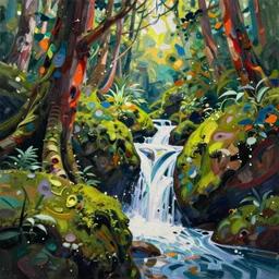 ancient forest, mossy rocks, waterfall, intricate, vivid colors, brush strokes, elegant, highly detailed, richard schmid, john park, ruan jia, jeffrey catherine jones