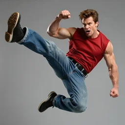 jack mcbrayer as ken masters from street fighter, kicking midair, photography, 4 k, ultra realistic, highly detailed,