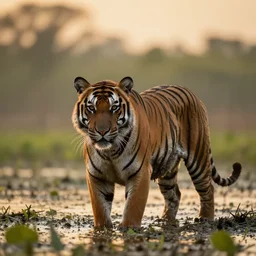 photo of a muddy tiger in a swamp in the sunset, documentary photo, 300 mm depth of field bokeh