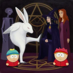 artemixel, white crow bring white rabbit leg to an occult kabalistic witch, by collaboration of android jones, m. c. escher, jeffrey smith and nicola samori, futurist, digital art, dramatic lighting, oil on canvas, south park