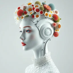 biomechanical beautiful woman portrait with a smooth porcelain ivory profile face, futuristic haute couture, iris van herpin, headdress made of daisies, sponge corals, mushrooms, colorful puffballs, red rhizomorphs, metallic brackets, laser cut paper lace collar, octane highly render, 8 k, rim light