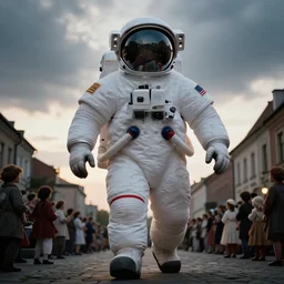color photograph by legnica, extreme low angle long shot, white extremely oversized giant!! chubby fat american astronaut in spacesut with oversized helmet walking in legnica, surrounded by lilliput crowd, movie still, bokeh, very dark, cinematic focus, backlighting!, mooddy sunrise, dramatic, film, photography, depth of field, award - winning, overcast, 8 k, 3 5 mm film grain
