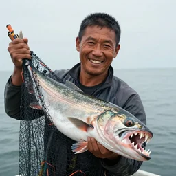 an imperfect journalistic portrait of a fisherman, after he has caught a tokomak in his net. he grins proudly, baring his gargantuan razor sharp teeth like blades of a professional food processor