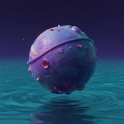 a strange looking object floating in a body of water, a matte painting by mike winkelmann, cgsociety, space art, retrowave, rendered in cinema 4 d, synthwave
