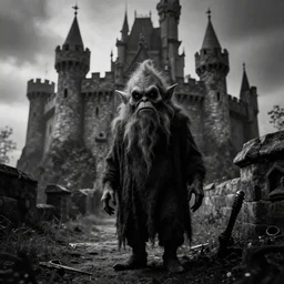 An AMC gremlin parked outside of a castle. Dark Fantasy. Film Noir. Black and White. High Contrast.