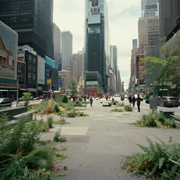 film still of post apocalyptic empty time square, overgrown with wildlife walking through in the new sci - fi movie, 8 k