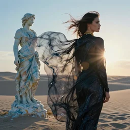 filmstill, over the shoulder sketch photography of beautiful female body covered with swirling black translucent blanket blowing in wind, acrylic liquid colors, luxurious supermodel photoshooting, golden jewelry, bokeh, godrays, strong wind, wrinkles, sunrays, sunset, lens flares, monet, renoir, cold colors, concept art, abstract painting, sand dunes, melting victorian statue