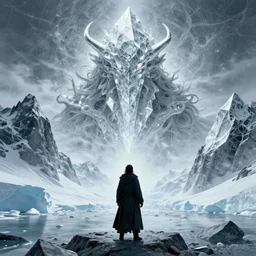 epic masterpiece of confrontation between man and diamond mountain spirit Antarctica, gift of birth, origin mythos, astounding beauty, cinematic, establishing shot, extremely high detail, photorealistic, cinematic lighting, intricate line drawings, 8k resolution