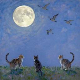cats chasing birds on the moon in the style of monet