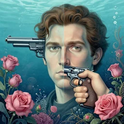 split face of a man with pistol and roses in a deep sea with intricate details by Sandra Chevrier with half image