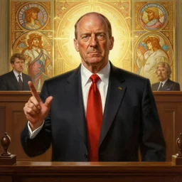 painted portrait of ( saul goodman ) defending donald trump in court, mature, handsome, fantasy, intricate, elegant, highly detailed, digital painting, artstation, concept art, sharp focus, illustration, illumination, holy ethereal light, art by gaston bussiere and alphonse mucha