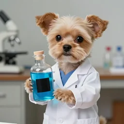 a cute little dog dressed as a scientist holds a modern transparent little bottle filled with vivid blue iridescent liquid, there is a black square on the bottle, art highly detailed, by frank frazetta, keith parkinson and greg rutkowski and aleksandra skiba, concept art,