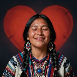 a beautiful portrait of an indigenous female shaman smiling with eyes closed feeling deep love for herself, a heart in the background, symetrical, art by christophe vacher
