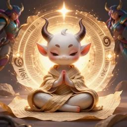 a tiny cute demon meditating, wrapped in sacred parchment with glowing text, smooth, intricate, elegant, digital painting, artstation, power runes, pulsing energy, concept art, sharp focus, octane render, illustration, art by shintaro kago and carne griffiths, overwatch character,