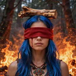 A young blindfolded shaman woman with a decorated headband from which blood flows, in the style of heilung, blue hair and wood on her head. The background is a forest on fire, made by karol bak and james gurney
