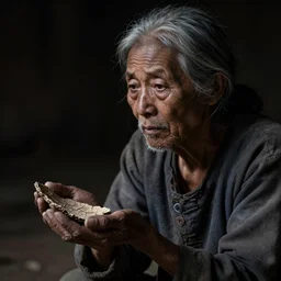 An old very young man that is a woman holdind a piece of a dry water, staring at something that doesn't exist, poor quality yet beautiful and highly detailed, ultra HD, tremendous lighting in the dark shadows.