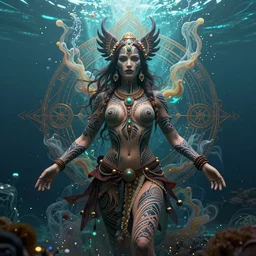 a centered full body render of alluring festival hippies with tribal tattoos surrounded by a underwater ink pour and flowing liquid galium and sacred geometry, perfect body face and hands, powerful, cinematic, beautifully lit, by artgerm, by karol bak, by donato giancola, 3 d, trending on artstation, octane render, 8 k