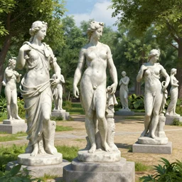 a park with many marble statues, unreal engine,