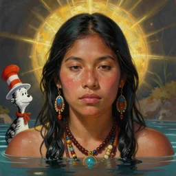 a beautiful closeup portrait of an indigenous female shaman bathing in the healing light of god, matte painting, designed by dr seuss and michal karcz, by christophe vacher