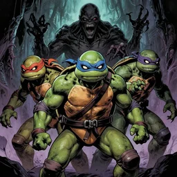 in the style of steve niles comic art and rafael albuquerque comic art, teenage mutant ninja turtles as lovecraftian creatures, sharp teeth, dark scary spooky, violent