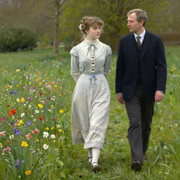 Richard Schmid and Jeremy Lipking full length portrait painting of a young beautiful edwardian girl walking through a field of flowers with hands behind her back