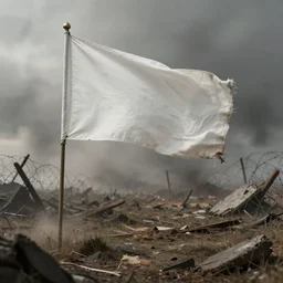 a lone blank flag waving above destroyed wasteland, battlefield, white flag, no man's land, world war 2, massacre, dirty white flag on stick, barbed wire in background, ultra realistic, artstation award, smoke in distance, in the style of magic the gathering