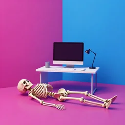 the skeleton lies on the ground in front of the computer, office, magenta and blue, minimalism