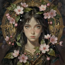 breathtaking detailed concept art painting of the goddess of cherry blossom, orthodox saint, with anxious, piercing eyes, ornate background, amalgamation of leaves and flowers, by Hsiao-Ron Cheng, James jean, Miho Hirano, Hayao Miyazaki, extremely moody lighting, 8K