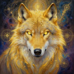 golden astral wolf yvonne mcgillivray by mandy jurgens by michael divine, powerful eyes glowing highly detailed painting, spiritual abstract forms, symmetrical, trending on art station, abstract emotional, very beautiful, fantasy digital art, highly detailed patterned visionary art, magic symbols, by michael divine, cosmic nebula