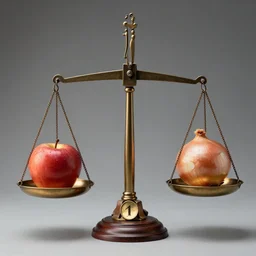 set of balance scales with weights, libra symbol, one apple and one onion