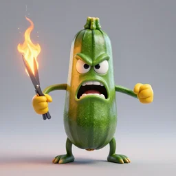 highly detailed 3 d render of a raging mad angry zucchini character, burning scissors flying, dirt road, scared tomates scattered everywhere, high speed action, explosions, dramatic scene, hyper realistic octane render, cinematic lighting, tomato splatter, deviantart, black sky, lowbrow, surrealism, pixar influenced, mayhem