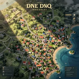 overhead dnd map of a small suburban coastal town by mike schley,