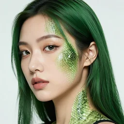 close kodachrome photograph face of beautiful girl with green hair and lizard skin, scales, scaly skin, snakeskin studio lighting