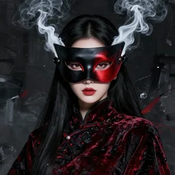 portrait of smoke, all dressed in black, beautiful face and eyes, black and red mask on her face, black and red velvet fabric, highly detailed, white accents, cel shaded, cinematic shot, trending on artstation, high quality, detailed and chaotic background, brush strokes all over, by tom bagshaw