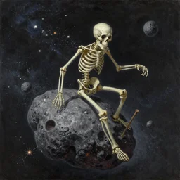 painting by zdzisław beksinski, skeleton riding an asteroid through space, stardust and sparks and glitter sparking in the air, epic painting, cinematic, cosmic horror