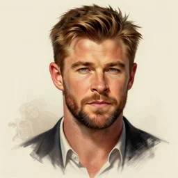 portrait of Chris Hemsworth, elegant, intricate, headshot, highly detailed, digital painting, artstation, concept art, sharp focus, illustration, art by artgerm and greg rutkowski and alphonse mucha
