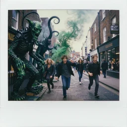black and dark green eldritch smoke and tendril monsters in a typical english high street. terrified people running and screaming. polaroid. photorealistic. highly detailed