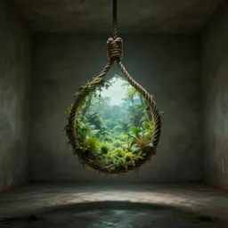 a noose hanging in an empty room, inside the loop a beautiful paradise can be seen, photorealistic, eerie lighting, photograph, 4 k, unreal engine, artstation
