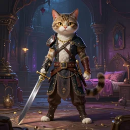 an anthropomorphic cat weared as a badass hack'n - slash game character, standing with sword in hand, in fantasy dungeon, vaporwave, bedroom, highly detailed, digital painting, artstation, concept art, smooth, sharp focus, illustration, art by artgerm and greg rutkowski and alphonse mucha