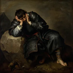 samurai warrior rests wearily on a boulder head in hands. priceless renaissance painting. style of caravagio. emotional, atmospheric. 8 k hd.