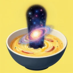 portal to another galaxy inside a bowl of soup, yellow background, digital art
