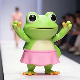 super cute smiling green tree frog dressed in a pink skirt, taking a selfie on a fashion show, photo realistic, matte image