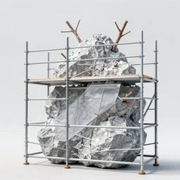 painting of scaffolding and rock sculpture made with steel and metal, branches and twigs, rock details, plexiglas sheet, bright construction materials, ratchet straps, painting by yves tanguy, sculpted by david smith, painting by kay sage, by nate boyce, digital sculpture, 3 d model, photorealistic, studio lighting, product photography, high octane, higly detailed, made with unreal engine