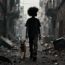 a dynamic long shot portrait of the silhouette of a black boy with an afro walking through a post apocalyptic alley with his pet dog, by simon stalenhag, dark and ominous, digital illustration, behance, rendered in unreal engine 5, rim lighting, volumetrics, ray tracing, 8 k, hd