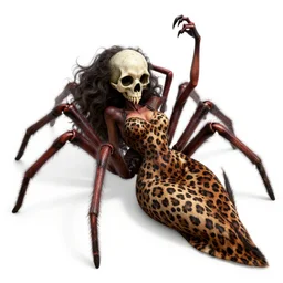 Skull that look too much like skull!, crypt lurker!!, grasp of darkness!!!, pitchburn devils8k CG character rendering of a spider-like hunting female on its back, fangs extended, wearing a leopard-patterned dress, set against a white background, with textured hair and skin.