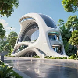 highly detailed futuristic architecture by and santiago calatrava, in the style of pixar animation, reflective lighting, empty streetscapes, surrounded by lush green vegetation, ground - level view, puddles of water, stunning sunny lighting, sunrise, vivid colors, trending on artstation, 8 k, ray tracing, hyper detailed, unreal engine 5, cinematic, epic lighting, cryengine, octane render, cyberpunk, red and orange glow, vibrant